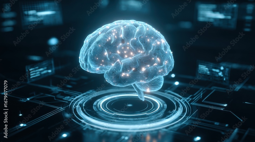 Poster a luminous brain model with intricate neural connections is highlighted in a high-tech setting fille
