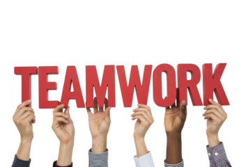 Multiple hands holding up large red letters spelling out the word teamwork isolated on transparent background