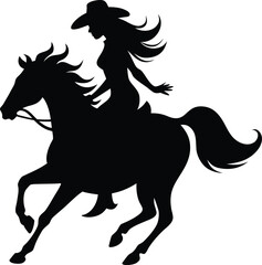 Silhouette of a confident cowgirl with long flowing hair riding a powerful galloping horse against a stark white background