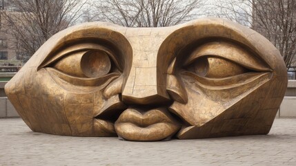 A striking bronze sculpture showcasing two faces merging together rests on a paved area in an urban park. Surrounding trees stand bare in the cool weather, creating a serene atmosphere.