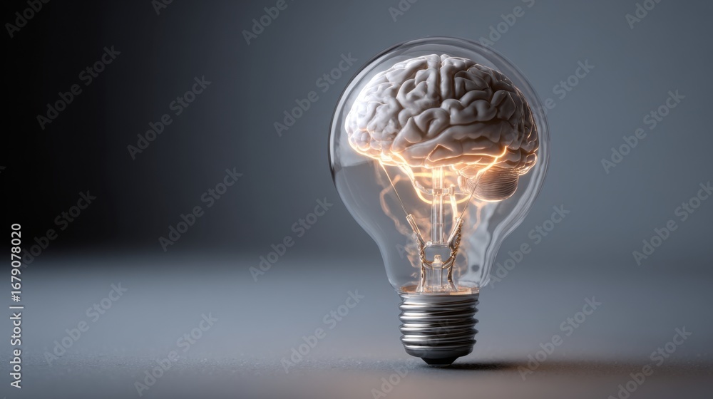 Poster a detailed depiction of a light bulb containing a brain, with glowing neural connections representin