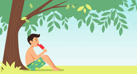 Youngster Relaxes Under Tree While Enjoying Tasty Fruit Ice Pop In Summer Heat