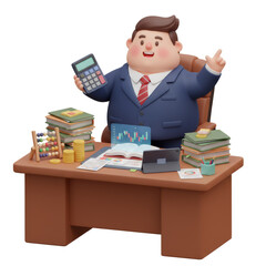 A cheerful businessman sits at his desk calculator in hand amidst stacks of paperwork and financial tools