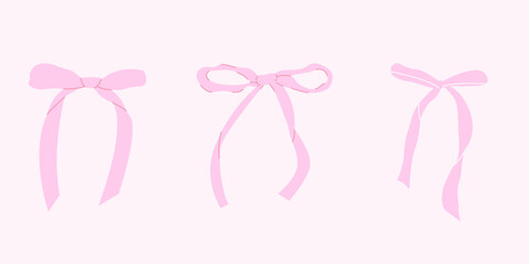 Set of cute pink ribbons. Vintage girly bows. Hand drawn vector illustration.