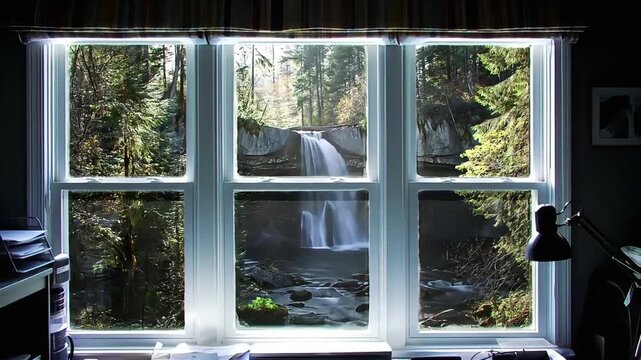 Sunlit Forest and Waterfall View from a Dark Room Through a Large Window.