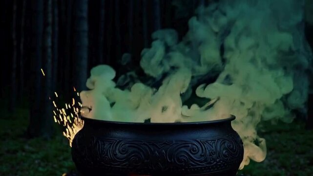 Glowing green potion bubbling in a dark cauldron with swirling steam and sparks 
