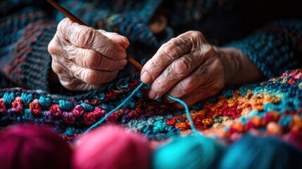 Aged hands carefully working on a colorful crocheted blanket.