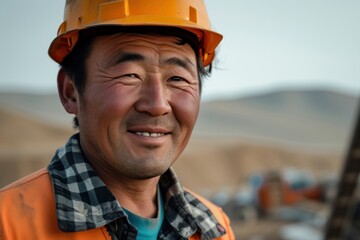 Mongolia engineer portrait hardhat helmet.