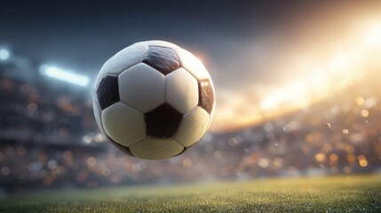 A soccer ball is captured mid-air above the field in a bustling stadium filled with cheering fans. The vibrant sunset creates a stunning backdrop for the match.