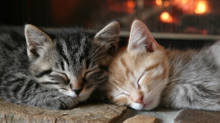 Two young kittens, one striped and one orange, are peacefully sleeping together on a stone surface near a warm fireplace, creating a cozy atmosphere during a chilly evening.