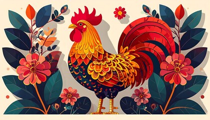 Vibrant rooster design surrounded by a colorful floral arrangement, showcasing rich color palettes and intricate patterns.