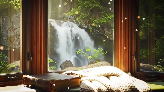 Tranquil Cabin Window Offers a Magical View of a Lush Forest Waterfall.