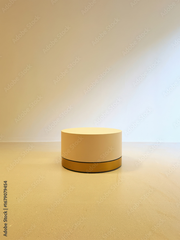 Poster minimalist product display stand with subtle textured lighting and neutral tones for showcase