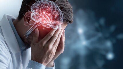 A health professional shows visible concern while touching their forehead. The background illustrates brain activity, representing mental strain and health challenges in a clinical environment.