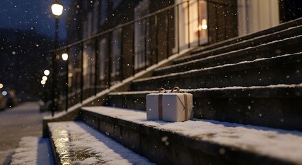 Obraz premium Snowy doorstep with a wrapped gift on steps during a winter evening, holiday season concept