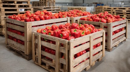 Vibrant red bell peppers are neatly arranged in wooden crates within a spacious warehouse. The atmosphere reflects a busy harvest season, showcasing the agricultural bounty.