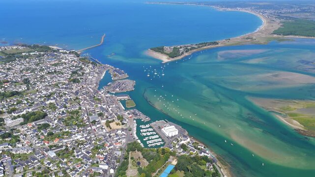 Aerial view of the french village of Le Croisic in Guerande France with sailboats parked in the bay 