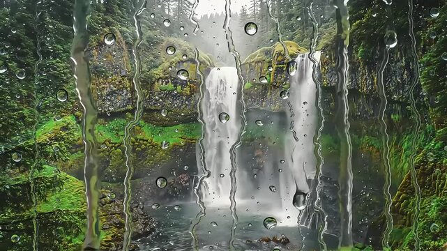 Watching a beautiful forest waterfall cascade down through a rainstreaked window.