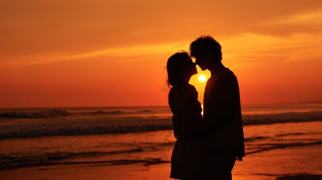 A couple stands on the beach during sunset, embracing each other closely. The sun sets on the horizon, filling the sky with warm hues while waves softly lap at the shore.