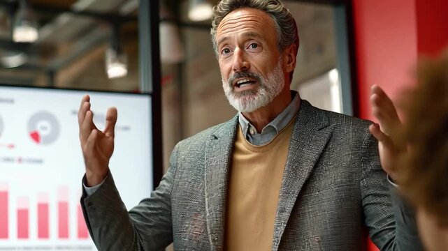 A senior nonprofit manager presenting an impact report to colleagues, emphasizing social responsibility and efficient resource.