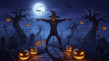 Scarecrow in Spooky Halloween Night Scene