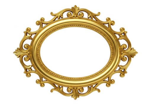 Ornate oval gilded antique picture frame with intricate scrollwork isolated on transparent background