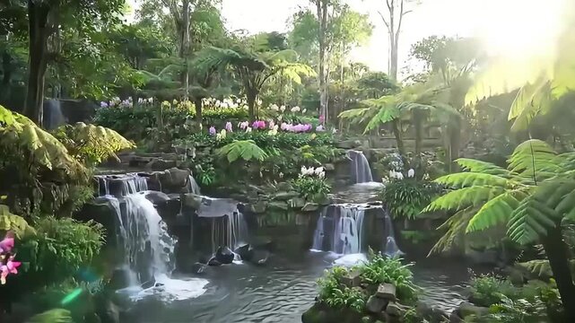 View of a Lush Tropical Garden with a Waterfall Through an Ancient Stone Archway.