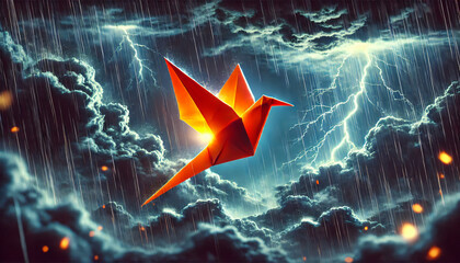 Orange Origami Bird Rising in a Stormy Night Sky &ndash; 16:9