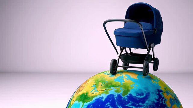 3D baby stroller on tiny planet isolated on white background