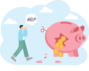 Debt and loan problem, financial mistake, povety or bankruptcy concept, depressed businessman sitting with broken piggy bank.