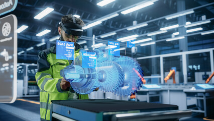 Automotive Factory Engineer Using Augmented Reality Headset in a Modern Facility with Automated Robotic Arms on an Assembly Plant. Specialist Ananlyzing and Manipulating a Virtual Gearbox Model