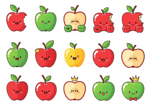 Cute kawaii apples with happy faces and different expressions