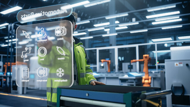 Automotive Factory Engineer Using Augmented Reality Headset in a Modern Facility with Automated Robotic Arms on an Assembly Plant.