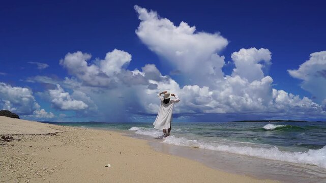 南国の美しい海辺で寛ぐ女性