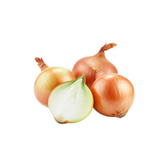 Fototapeta premium A cluster of three whole yellow onions is shown with a fourth one that has been cut in half.