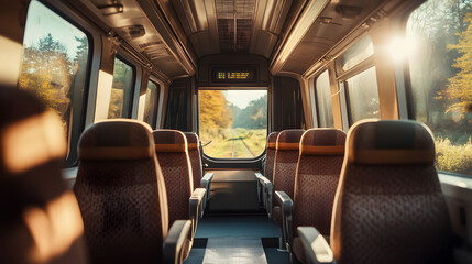 Empty train car with sunlight streaming through the windows, showcasing the autumn scenery.