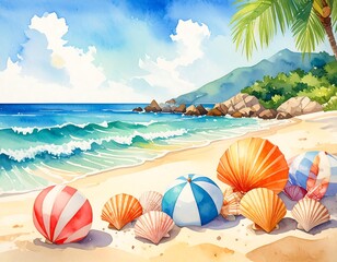 Watercolor beach scene with colorful umbrellas and seashells
