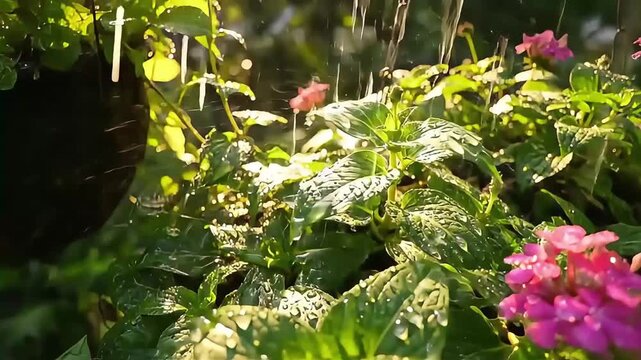 Watering lush green plants and vibrant pink flowers in a sunlit garden.