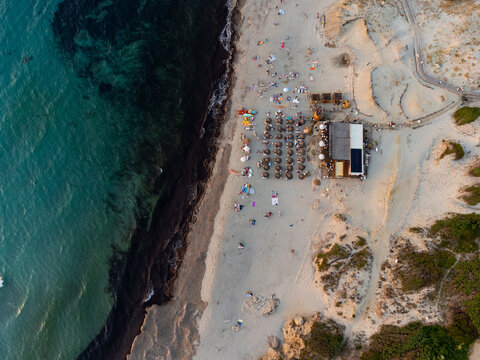 Aerial view of the sunset on the beaches of Rena Majore and Matteu
