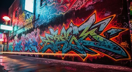 Vibrant urban graffiti art on city brick wall at night