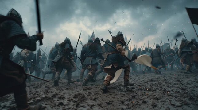 An epic wide shot of a fierce medieval battle between two massive armies. Knights and soldiers clash with swords on a vast, chaotic battlefield. A concept of war, history, conflict, and fantasy.

