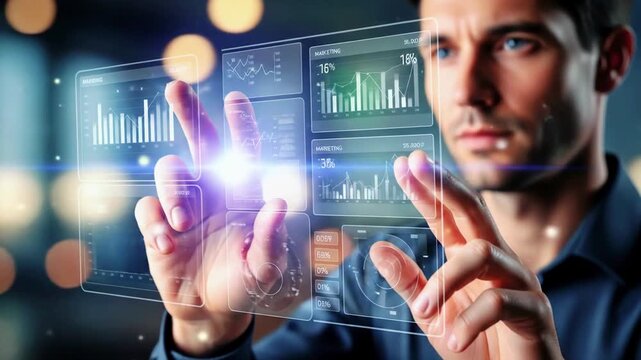 Business professional interacting with futuristic touchscreen displaying data analytics in modern office