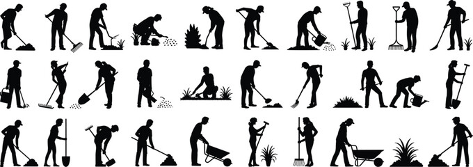 Silhouette, gardening, yard, work, planting, watering, digging, raking, pruning, harvesting, wheelbarrow, tools, vector, icons, set, black, isolated, design, reference, illustration
