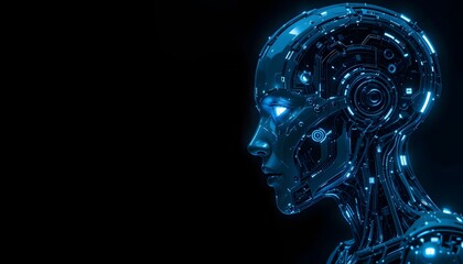 Futuristic Cybernetic Robot Head with Glowing Neon Circuits on Black Background