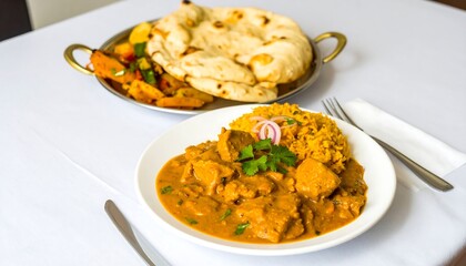 Indian curry and naan on a table
