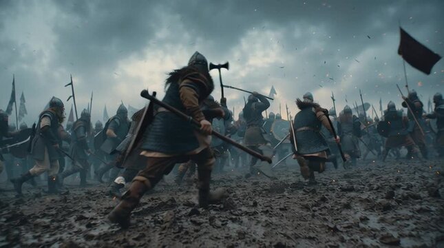 An epic wide shot of a fierce medieval battle between two massive armies. Knights and soldiers clash with swords on a vast, chaotic battlefield. A concept of war, history, conflict, and fantasy.

