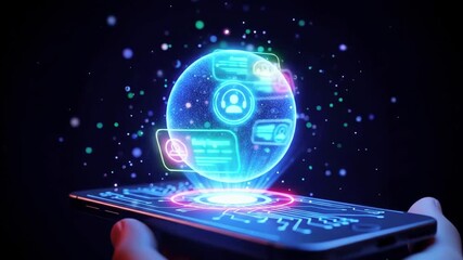 Futuristic smartphone displaying holographic user interface with digital icons and glowing effects - Powered by Adobe