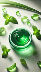 Swirl of Green Skincare Gel with Leaves on White Surface, 3:4