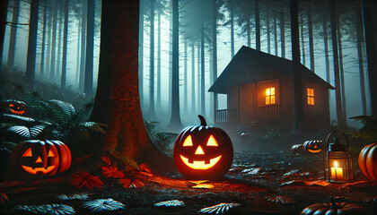 Mysterious Halloween Night with Fog and Glowing Lanterns, 16:9