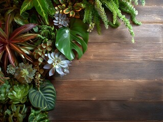 観葉植物と木目の背景
